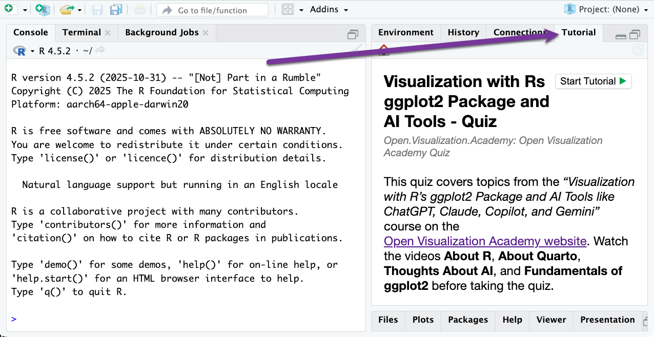 Image of the RStudio IDE with an arrow pointing to the tutorial tab in the upper right windowpane.